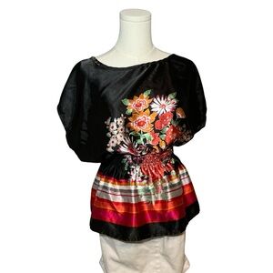 Speckles Floral Satin Blouse Top Black Red Orange Smocked Waist Medium